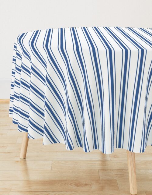 Mattress Ticking Wide Striped Pattern in Dark Blue and White Round Tablecloth