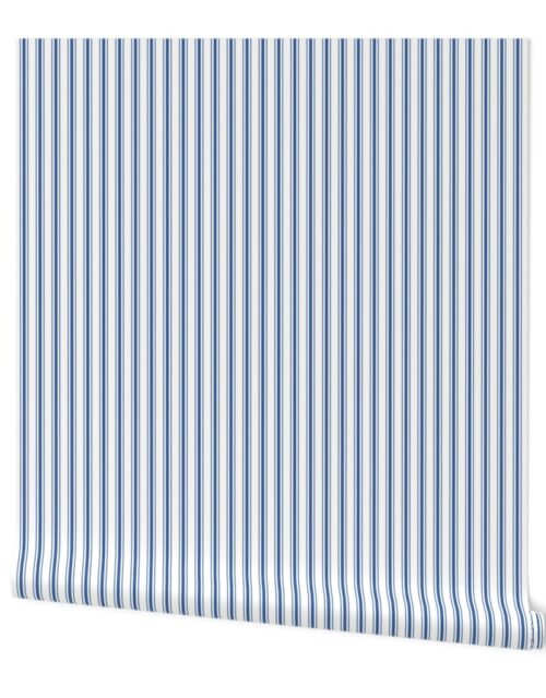 Mattress Ticking Narrow Striped Pattern in Dark Blue and White Wallpaper