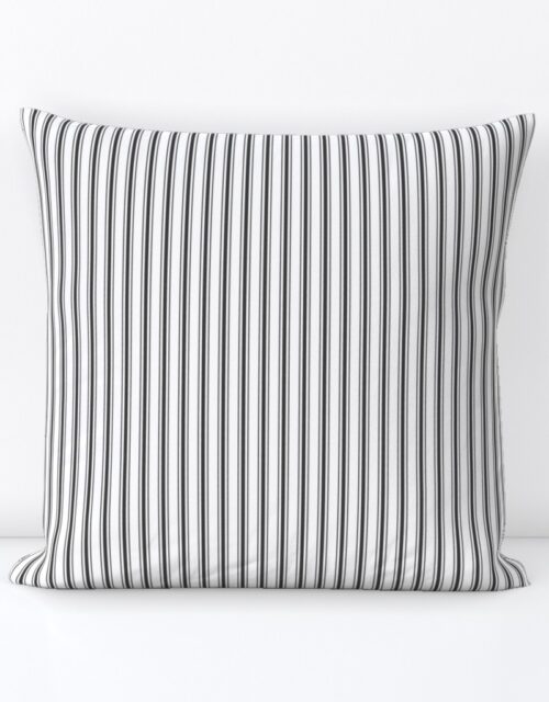 Mattress Ticking Narrow Striped Pattern in Dark Black and White Square Throw Pillow