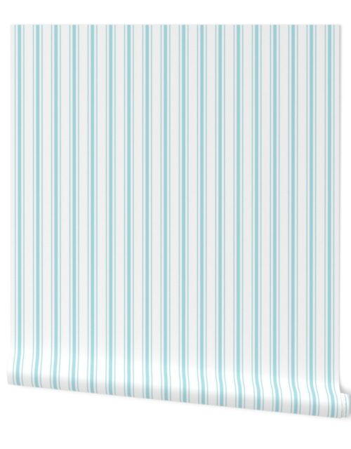 Pale Sky Blue and White Striped Mattress Ticking Wallpaper