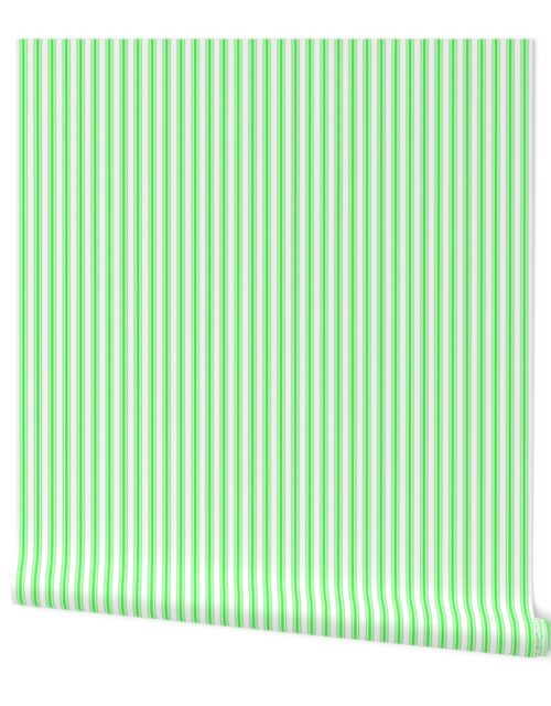 Mattress Ticking Narrow Striped Pattern in Neon Green and White Wallpaper