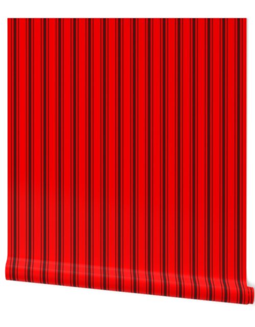 Mattress Ticking Wide Striped Pattern Jet Black on Red Wallpaper