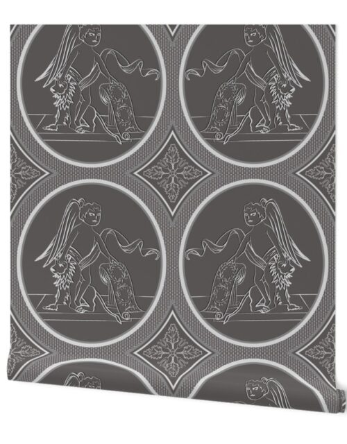 Grisaille Charcoal Grey Neo-Classical Ovals Wallpaper