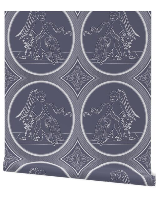 Grisaille Blue Grey Neo-Classical Ovals Wallpaper