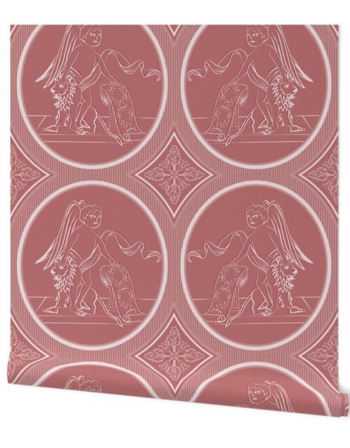 Grisaille Rose Red Neo-Classical Ovals Wallpaper