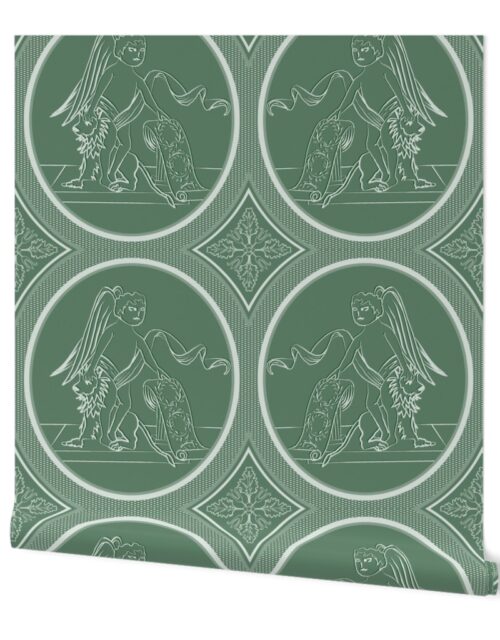 Grisaille Fern Green Neo-Classical Ovals Wallpaper