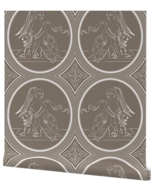 Grisaille Chestnut Brown Neo-Classical Ovals Wallpaper