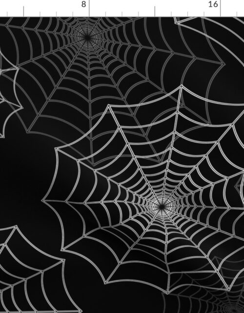 White Spider Web Cobweb Silk Pattern on Black Fabric