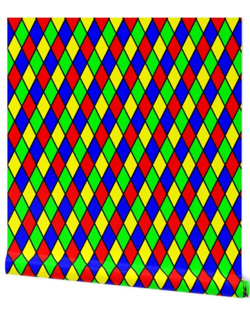 Bright Primary Color Harlequin Windowpane Diamond Pattern Wallpaper