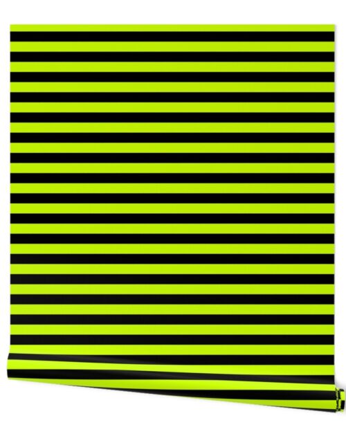 Slime Green and Black Horizontal Witch Stripes Wallpaper