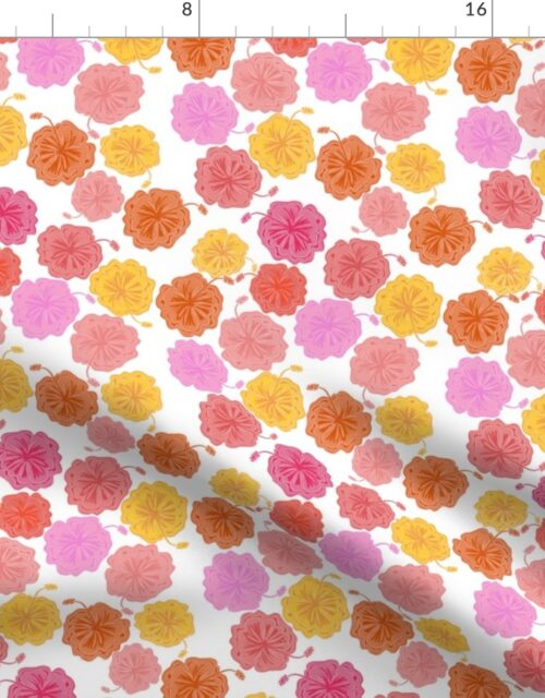 Hibiscus Hawaiian Flowers in Pinks and Corals on White Fabric
