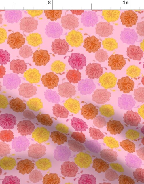 Hibiscus Hawaiian Flowers in Pinks and Corals on Pink Fabric