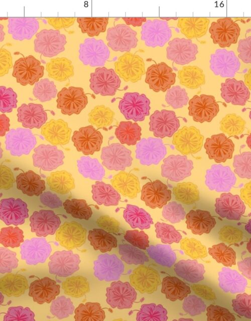 Hibiscus Hawaiian Flowers in Pinks and Corals on Yellow Fabric