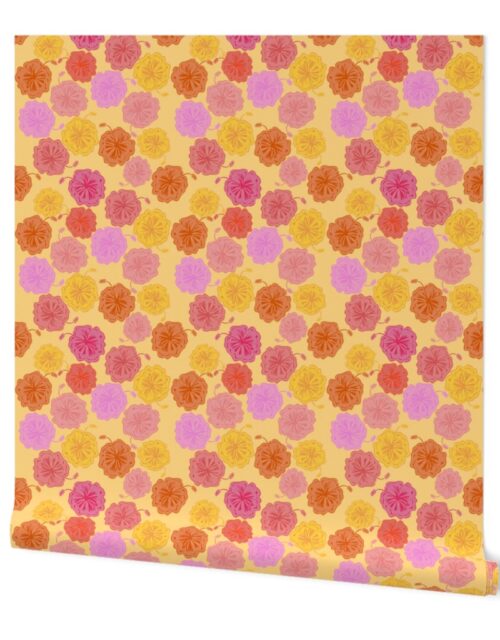Hibiscus Hawaiian Flowers in Pinks and Corals on Yellow Wallpaper