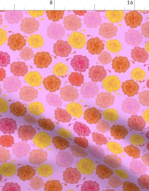 Hibiscus Hawaiian Flowers in Pinks and Corals on Lilac Fabric