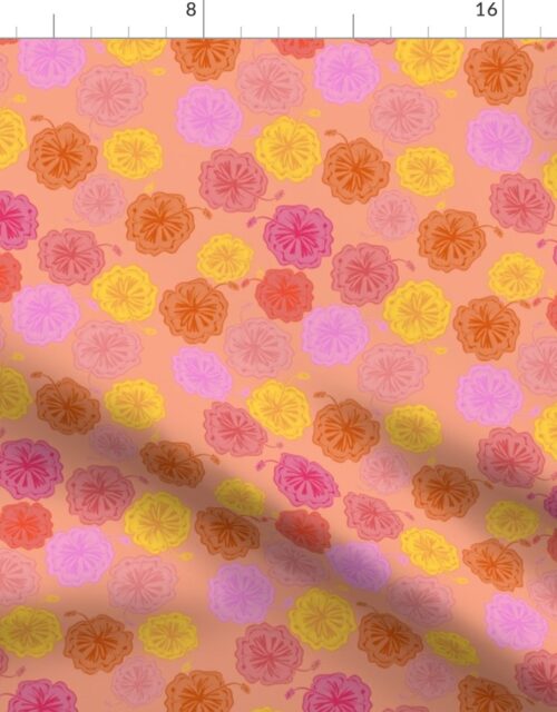 Hibiscus Hawaiian Flowers in Pinks and Corals on Peach Fabric