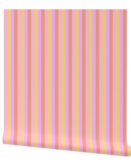Hibiscus Hawaiian Flower Cabana Stripes in Pink, Yellow, Peach and Lilac Wallpaper