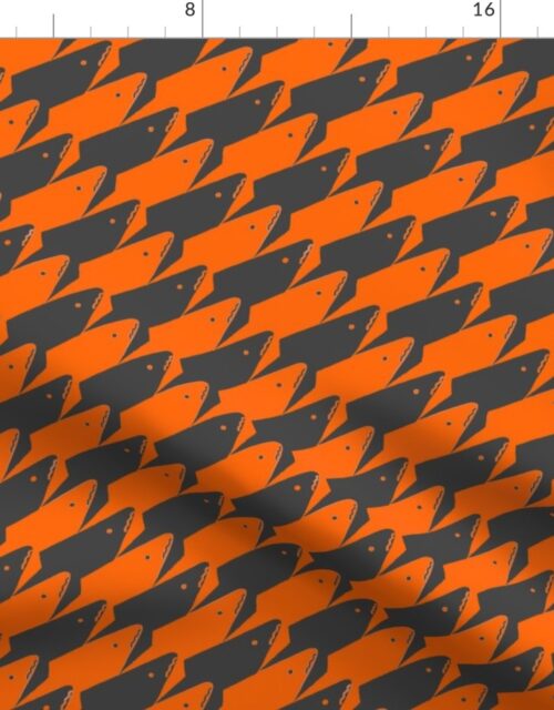 Sharkstooth Sharks Pattern Repeat in Grey and Neon Orange Fabric