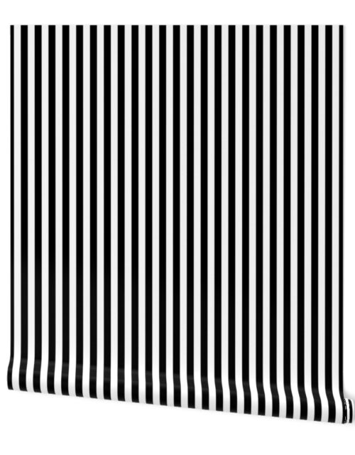 Black and White Thin Vertical Half Inch Picnic Stripes Wallpaper