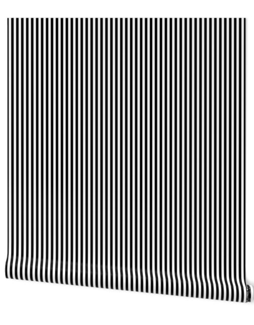 Black and White Narrow Vertical 1/4 inch Sailor Stripe Wallpaper