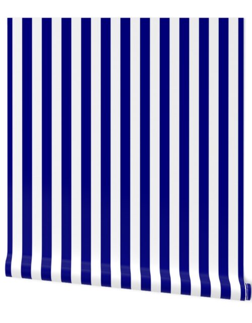 Blue and White Big 1-inch Beach Hut Vertical Stripes Wallpaper