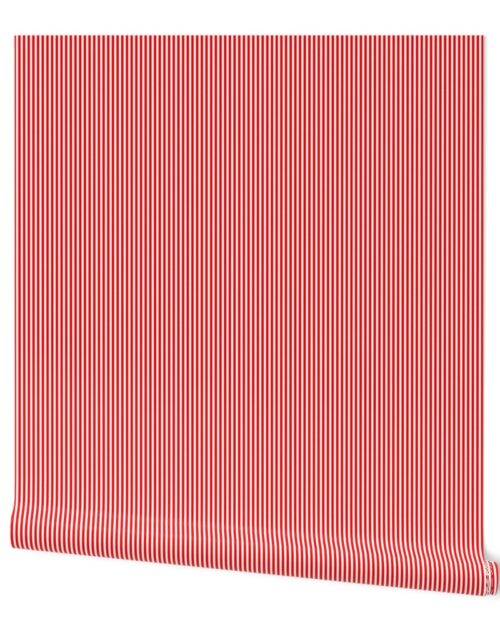 Red and White 1/8-inch Thin Pencil Vertical Stripes Wallpaper