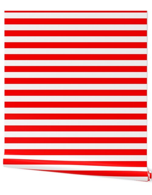 Red and White Big 1-inch Beach Hut Horizontal Stripes Wallpaper