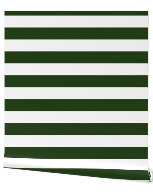 Forest Green and White Wide 2-inch Cabana Tent Horizontal Stripes Wallpaper