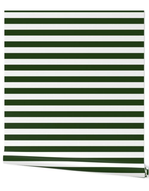 Forest Green and White Big 1-inch Beach Hut Horizontal Stripes Wallpaper