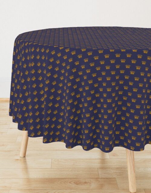Mini Gold Crowns on Royal Blue Round Tablecloth