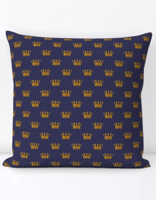 Mini Gold Crowns on Royal Blue Square Throw Pillow