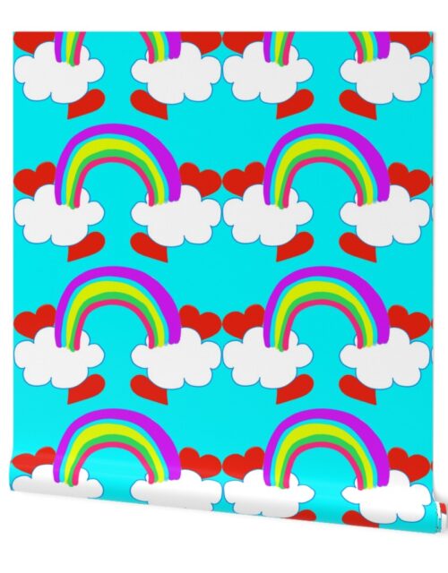 Pastel Rainbow Bridge On Aqua with Red Love Hearts and White Clouds Wallpaper