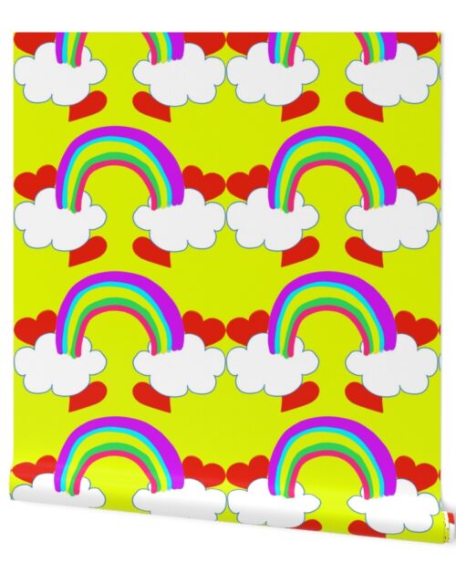 Pastel Rainbow Bridge On Yellow with Red Love Hearts and White Clouds Wallpaper