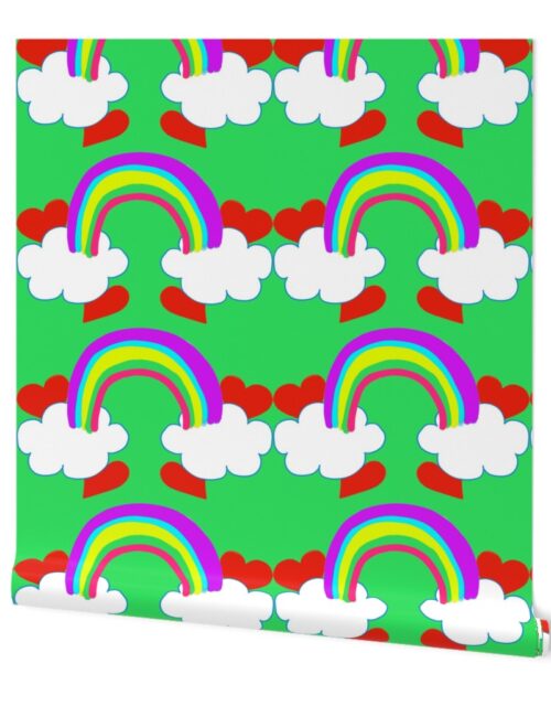 Pastel Rainbow Bridge On Mint with Red Love Hearts and White Clouds Wallpaper