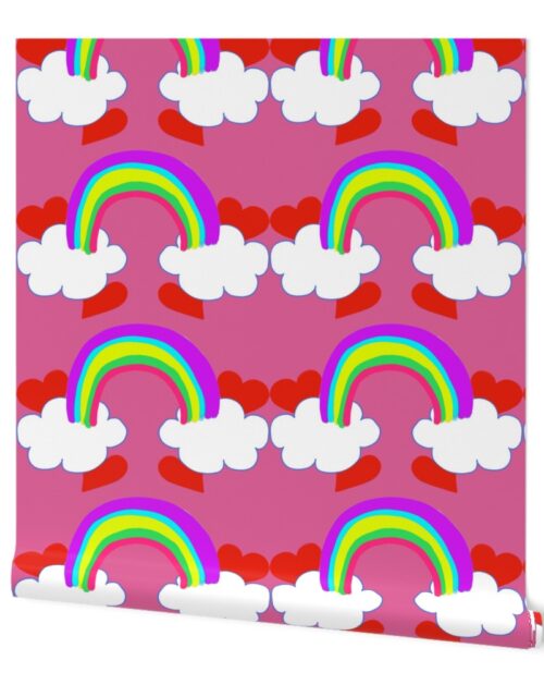 Pastel Rainbow Bridge On Pink with Red Love Hearts and White Clouds Wallpaper