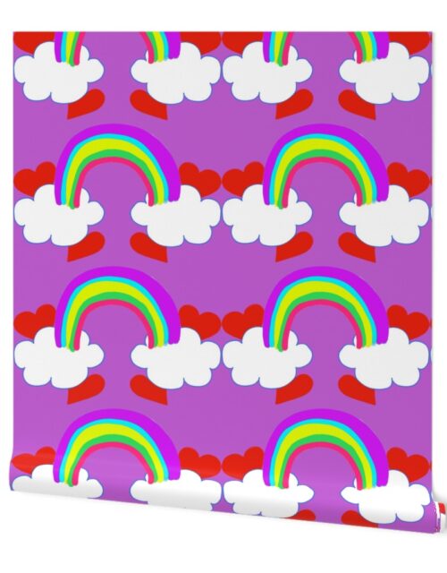 Pastel Rainbow Bridge On Lilac with Red Love Hearts and White Clouds Wallpaper