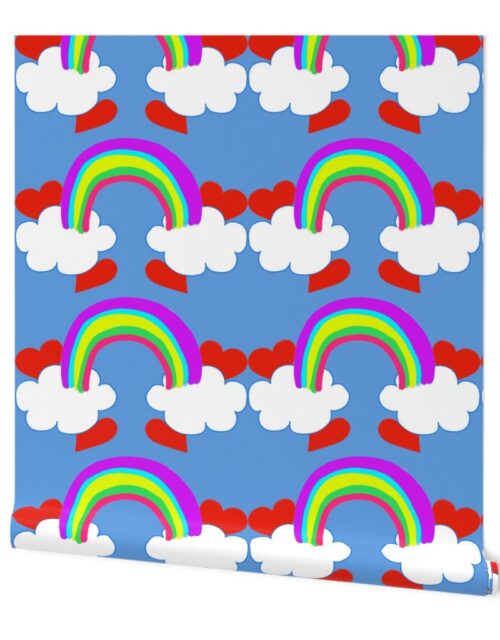 Pastel Rainbow Bridge On Sky Blue with Red Love Hearts and White Clouds Wallpaper