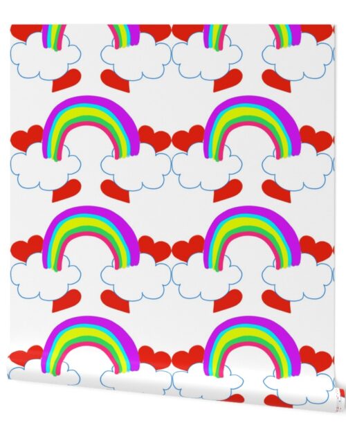 Pastel Rainbow Bridge On White with Red Love Hearts and White Clouds Wallpaper