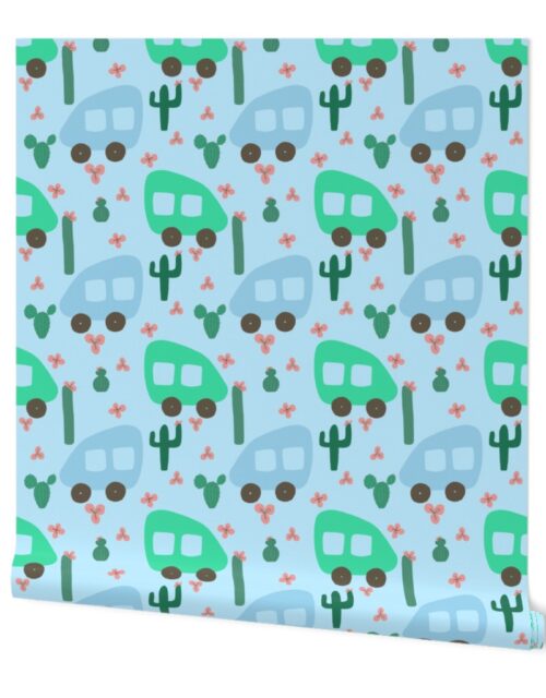 Camper Vans in Blue and Mint with Green Cactus and Pink Flowers Wallpaper