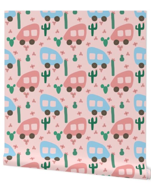 Camper Vans in Blue and Pink with Green Cactus and Pink Flowers Wallpaper