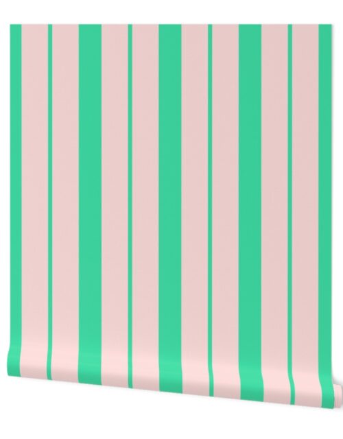 Pink and Mint Green Café Stripe Vertical Pattern Wallpaper