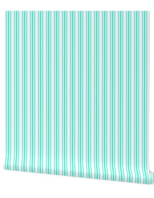 Trendy Large Aqua Gift Box Pastel Aqua French Mattress Ticking Double Stripes Wallpaper
