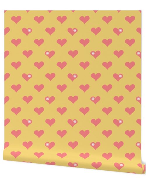 Coral Pink Aloha Love Hearts on Yellow Wallpaper