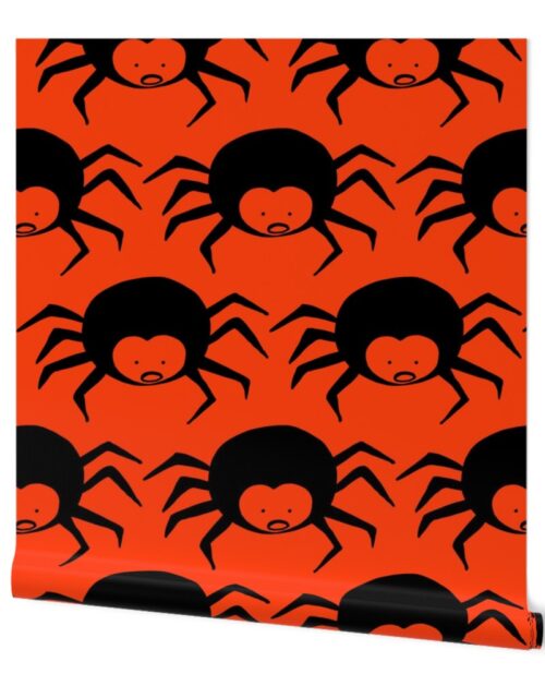 Black Spiders on Halloween Pumpkin Orange Wallpaper