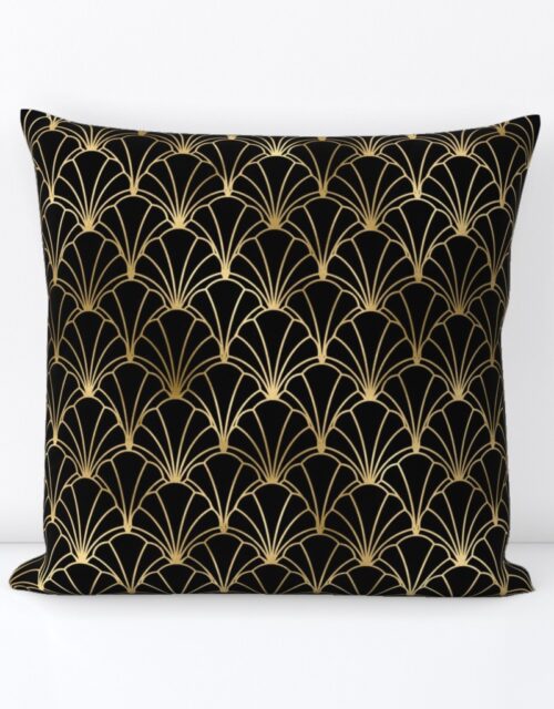 Scallop Shells in Black and Gold Art Deco Vintage Foil Pattern Square Throw Pillow