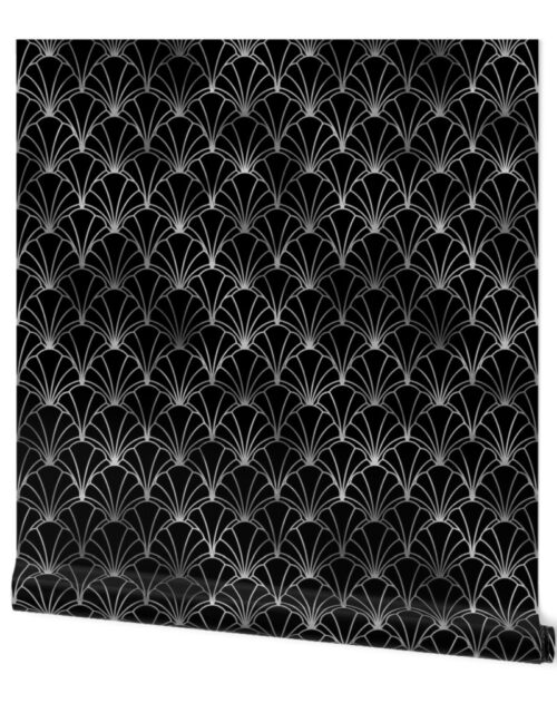 Scallop Shells in Black and Faux Silver Foil Art Deco Vintage Foil Pattern Wallpaper