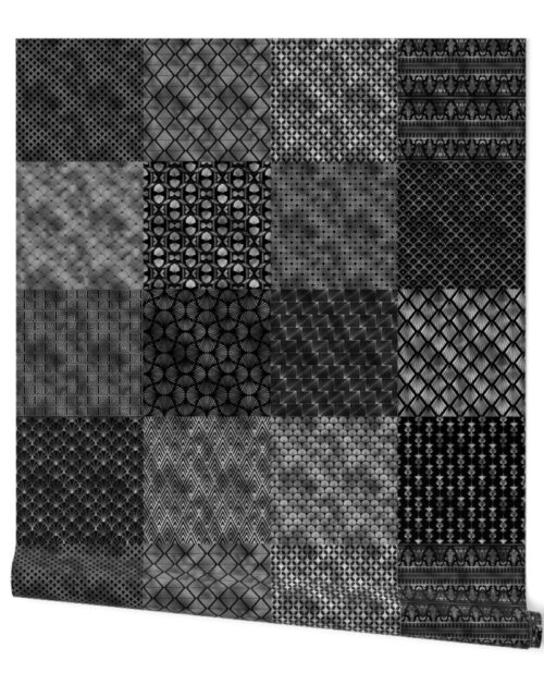 Large Faux Silver Foil and Black Vintage Art Deco Quilt Pattern Wallpaper