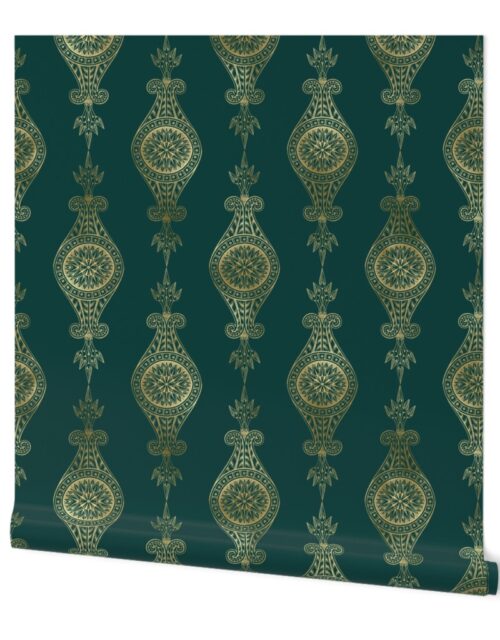 Teal and Faux Gold Foil  Vintage Art Deco Damask Pattern Wallpaper