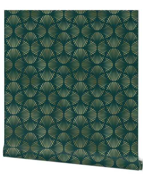 Teal and Faux Gold Foil Vintage Art Deco Splayed Fan Palm Pattern Wallpaper