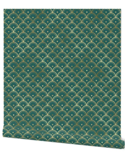 Teal and Faux Gold Foil Vintage Art Deco Dotted Scales Pattern Wallpaper
